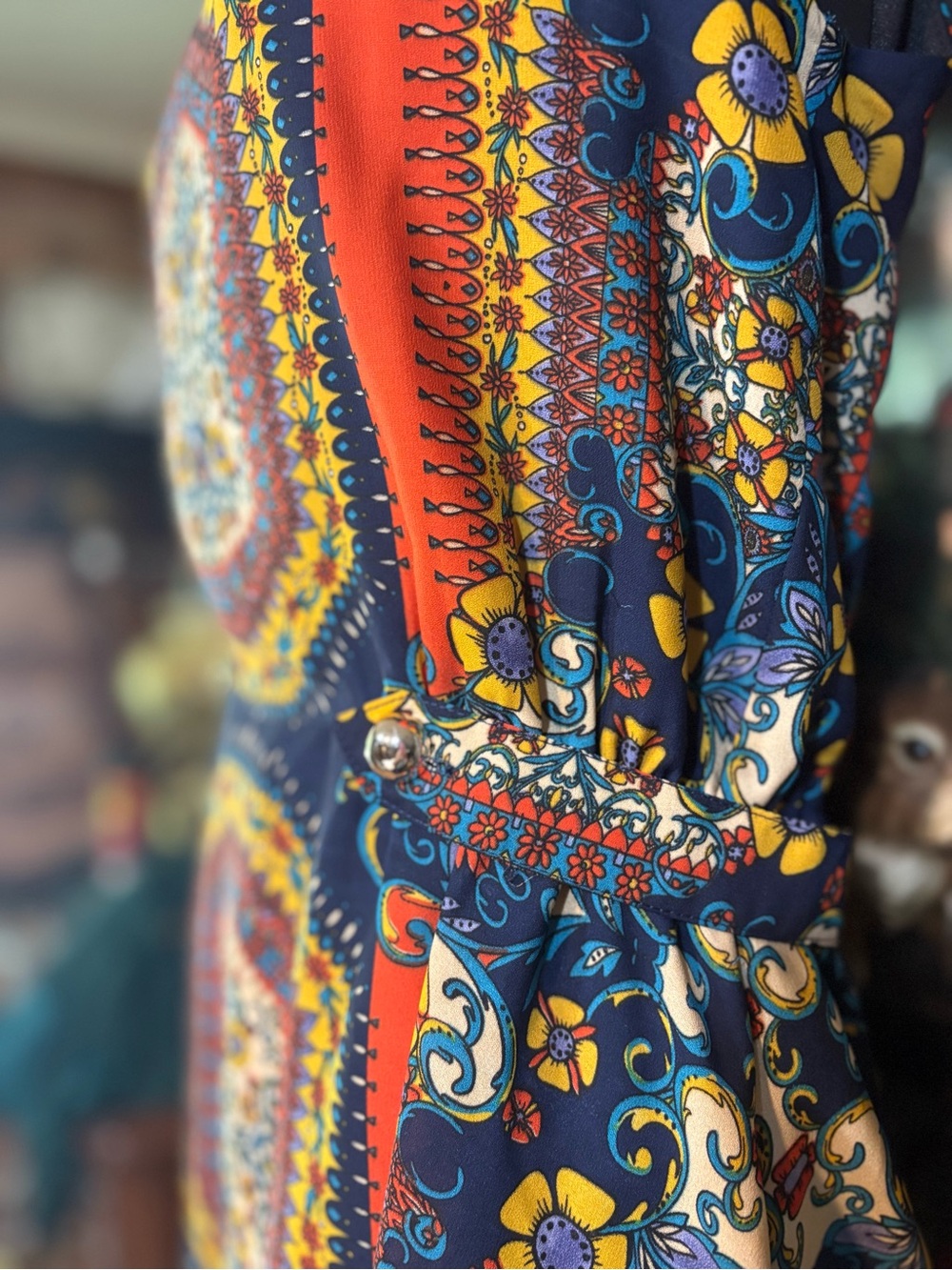 bohemian printed sleeveless dress defined cinch waist flowy mini-length skirt. - Picture 8 of 16